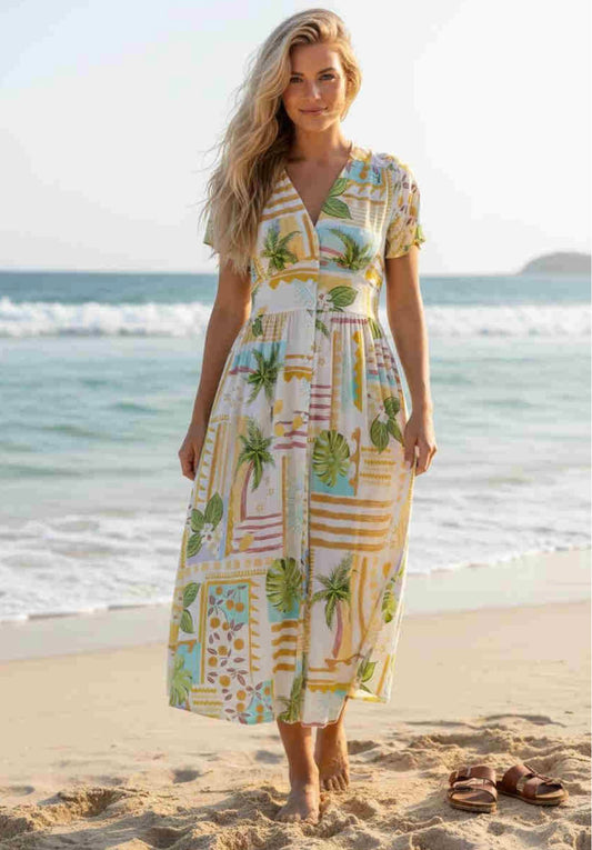 Zoe Button Up Midi Dress - Yellow Tropical