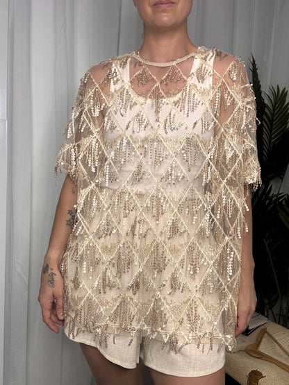 Heather Sequin Oversized Tassel Tee - Gold