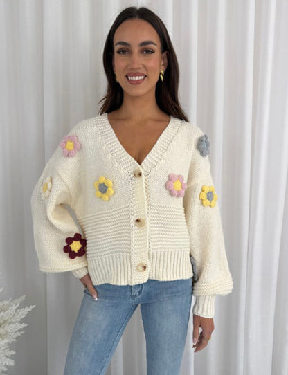 Ribbed Knit Button Up Cardigan -  Cream Flowers