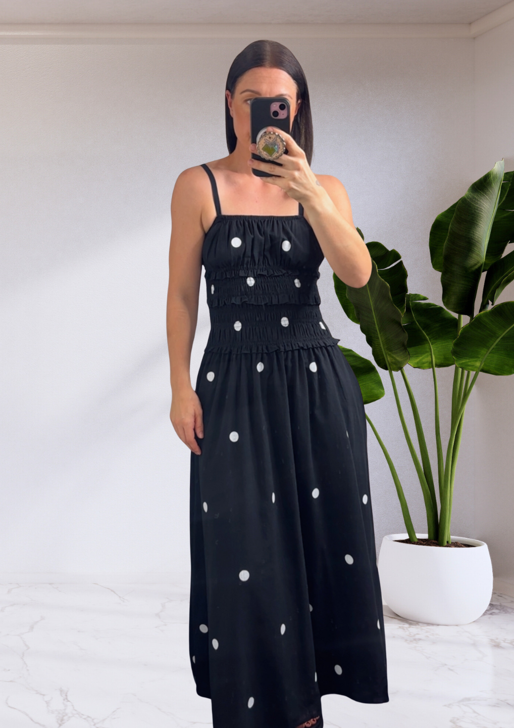 Vera Shirred Waist Polka Dot Maxi Dress - Black | By Frankie