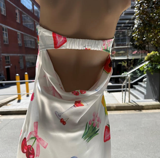 Strapless Ciao Floral Satin Dress - Cherry Bow | By Frankie