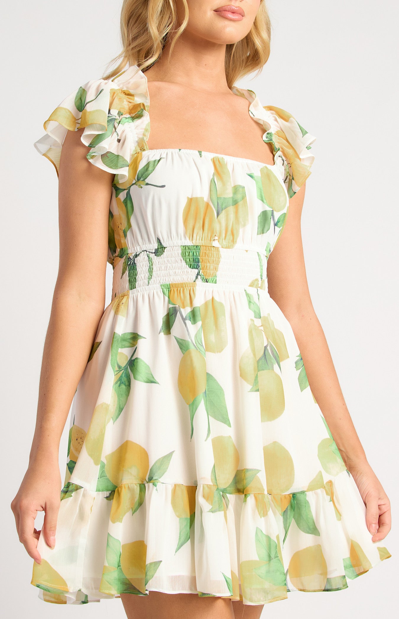 Chiffon Mini Dress With Shirred Waist Detail - Lemon