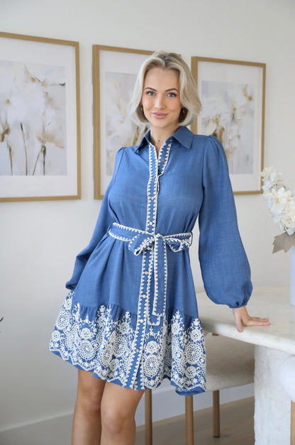 Kylie Long Sleeve Button Up Mini Dress - Blue Embroidered