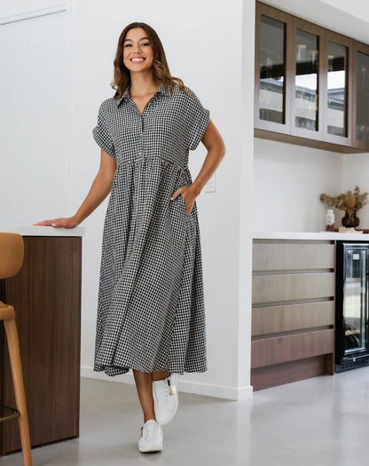 Elsie Button Up Bust Maxi Dress - Black White Gingham