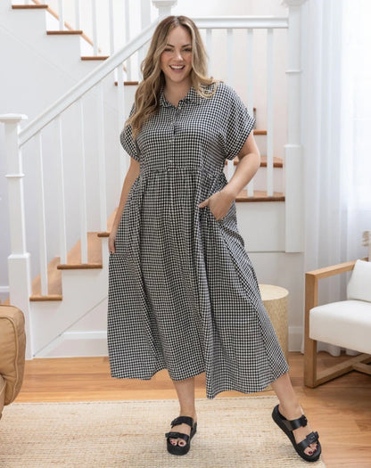 Elsie Button Up Bust Maxi Dress - Black White Gingham