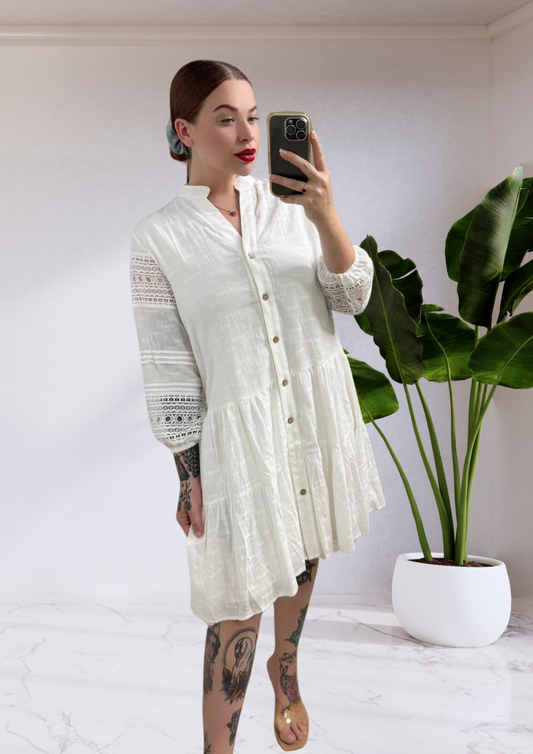 Lacey Lace Sleeve Button Up Dress - White