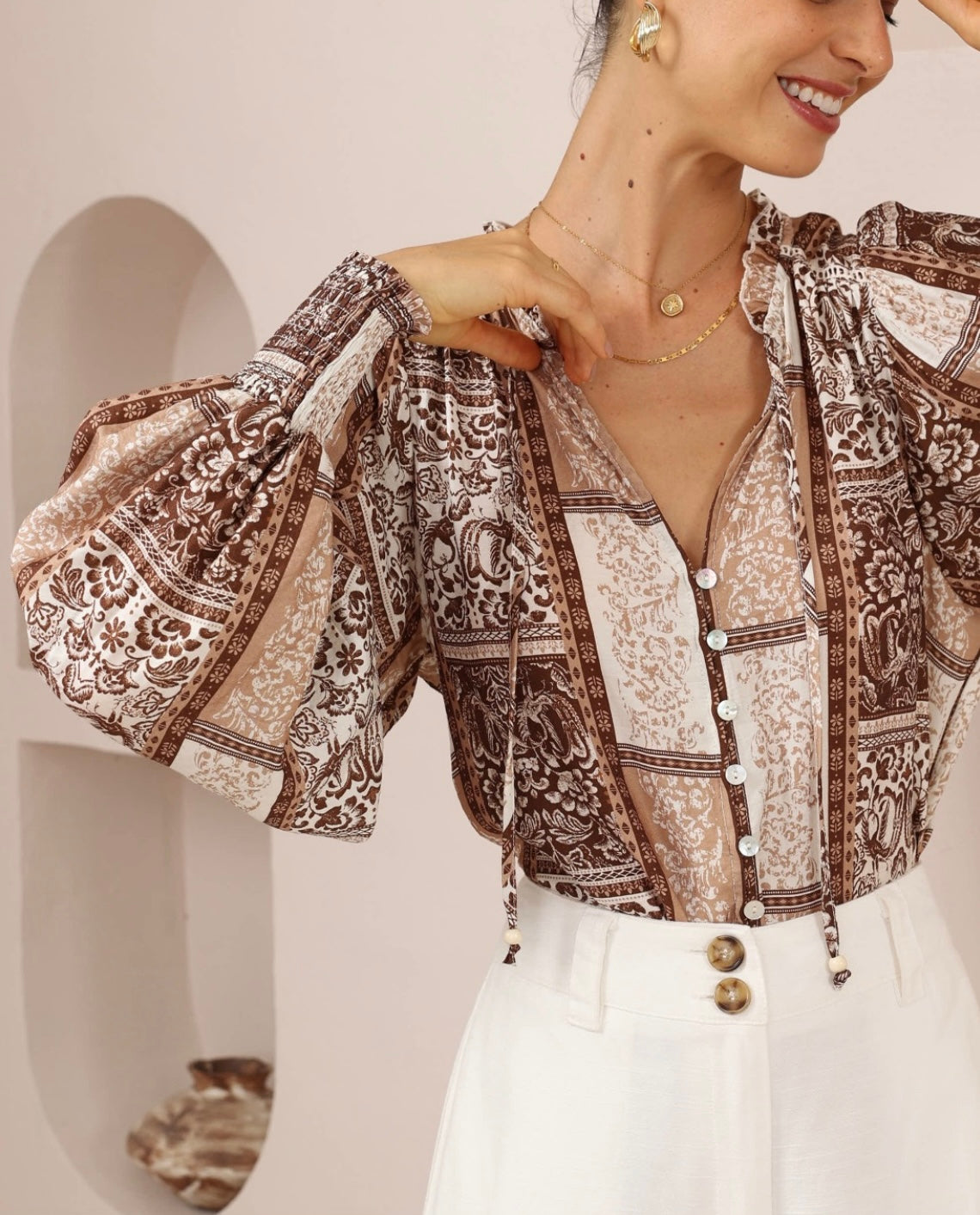 Emma Button Up Long Sleeve Shirt Top - Brown Paisley