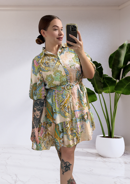 Wish Button Up Mini Dress Pink Paisley Champagne