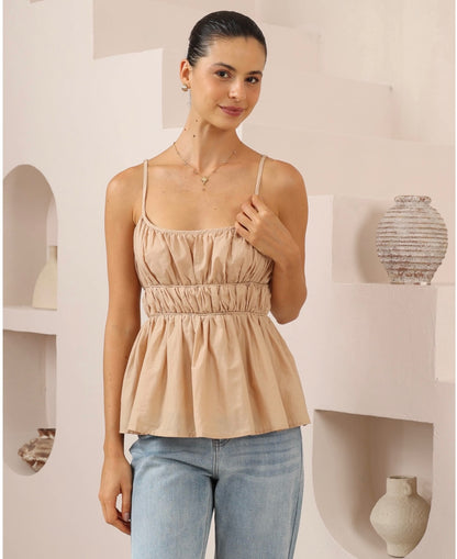 Neroli Ruched Cotton Peplum Cami Top – Beige