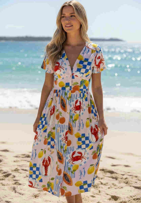 Zoe Button Up Midi Dress - Pink Picnic