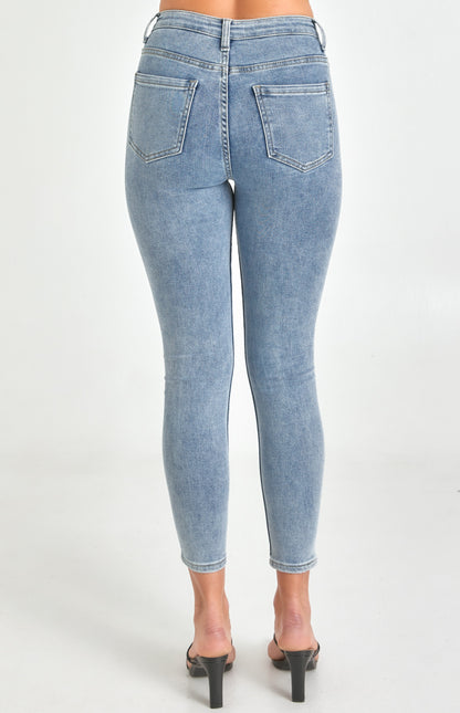 Kyle High Waisted Skinny Jeans with Knee Rip - Blue