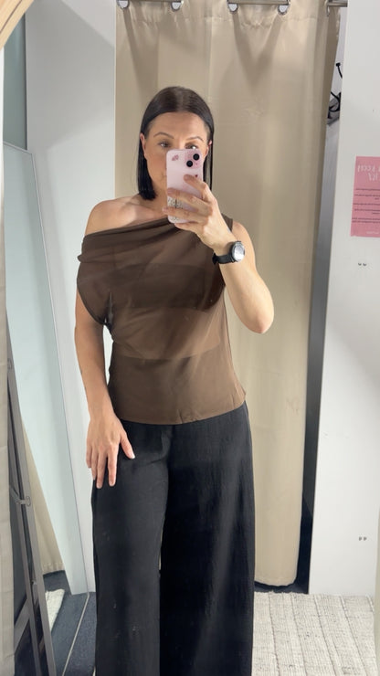 Anne One Shoulder Sheer Top - Brown