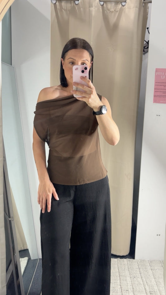 Anne One Shoulder Sheer Top - Brown