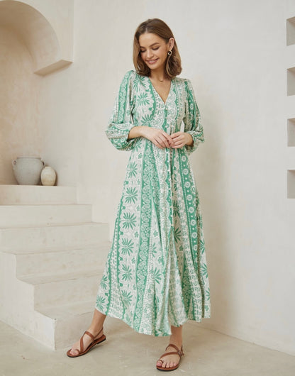 Denise Boho Button Up Maxi Dress - Green