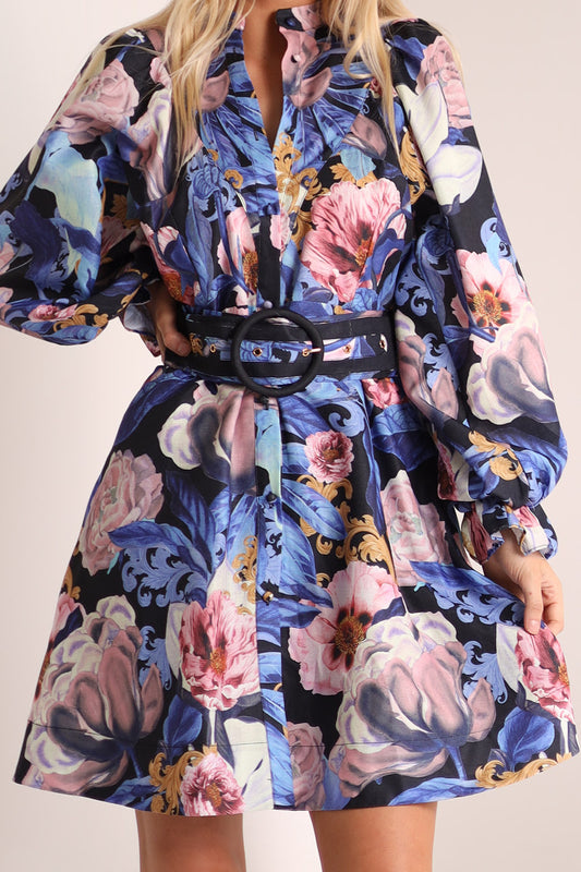 Donatella Long Sleeve Button Up Mini Dress - Azure