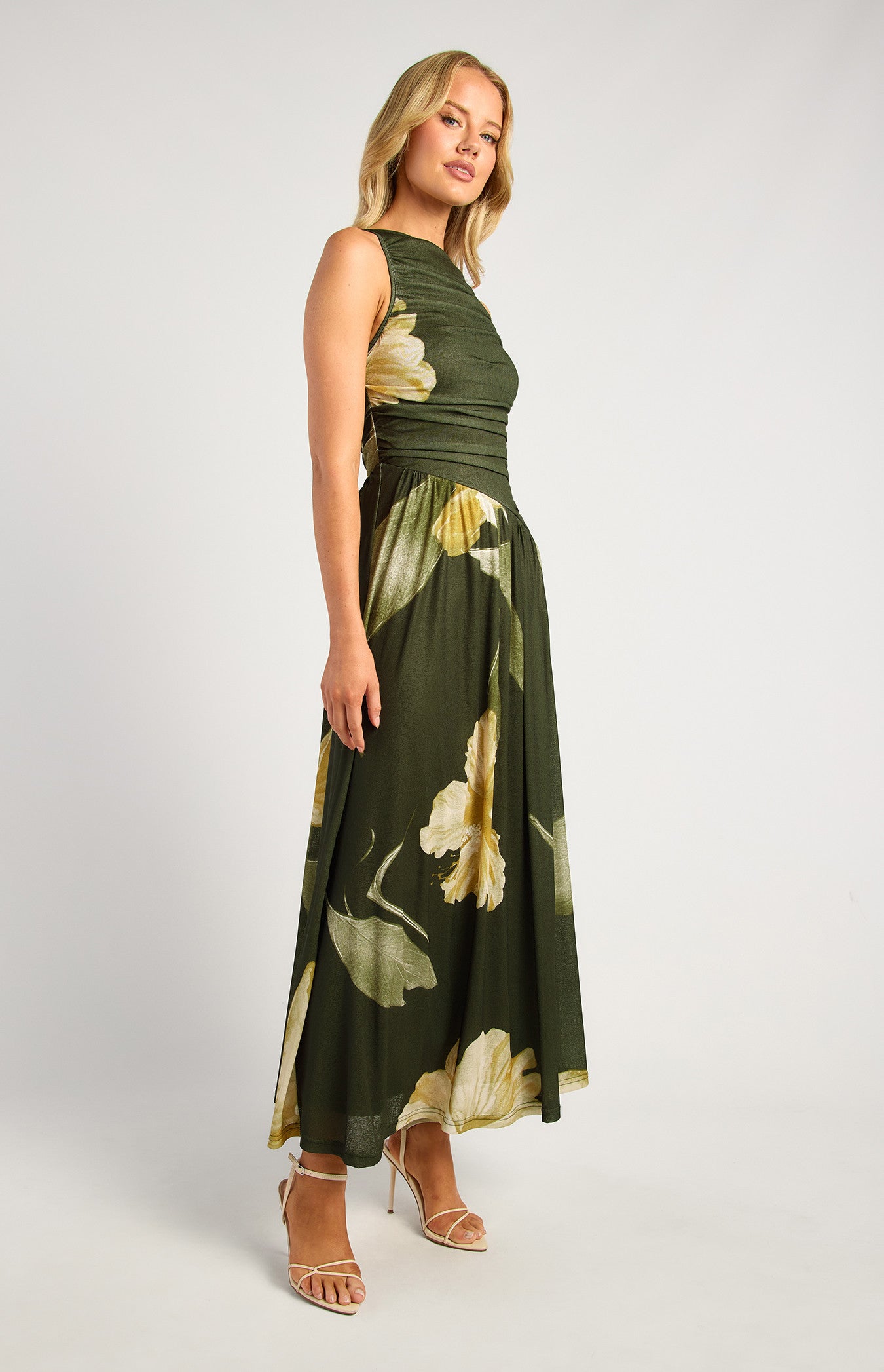 Melody Ruched Bodice Floral Print Jersey Maxi Dress - Green