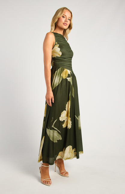 Melody Ruched Bodice Floral Print Jersey Maxi Dress - Green