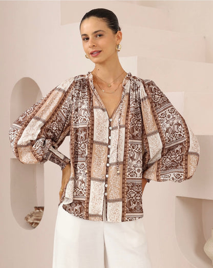 Emma Button Up Long Sleeve Shirt Top - Brown Paisley