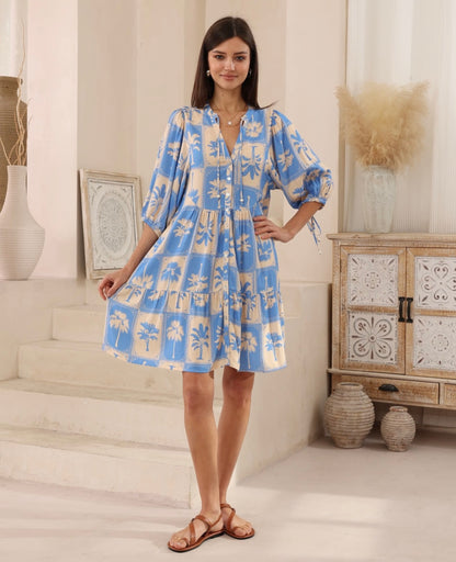 Poppy Button Up Mini Dress - Blue Palm