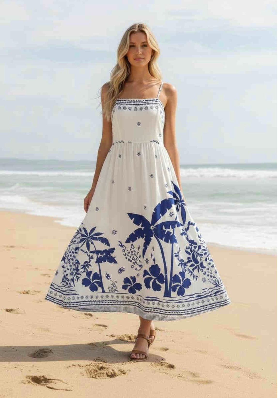 Paula Thin Straps Midi Dress - Blue Palm