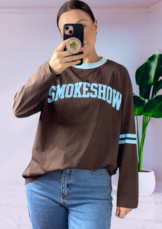 Mya Long Sleeve Oversized Tee T-Shirt - Brown Blue Smokeshow | By Frankie