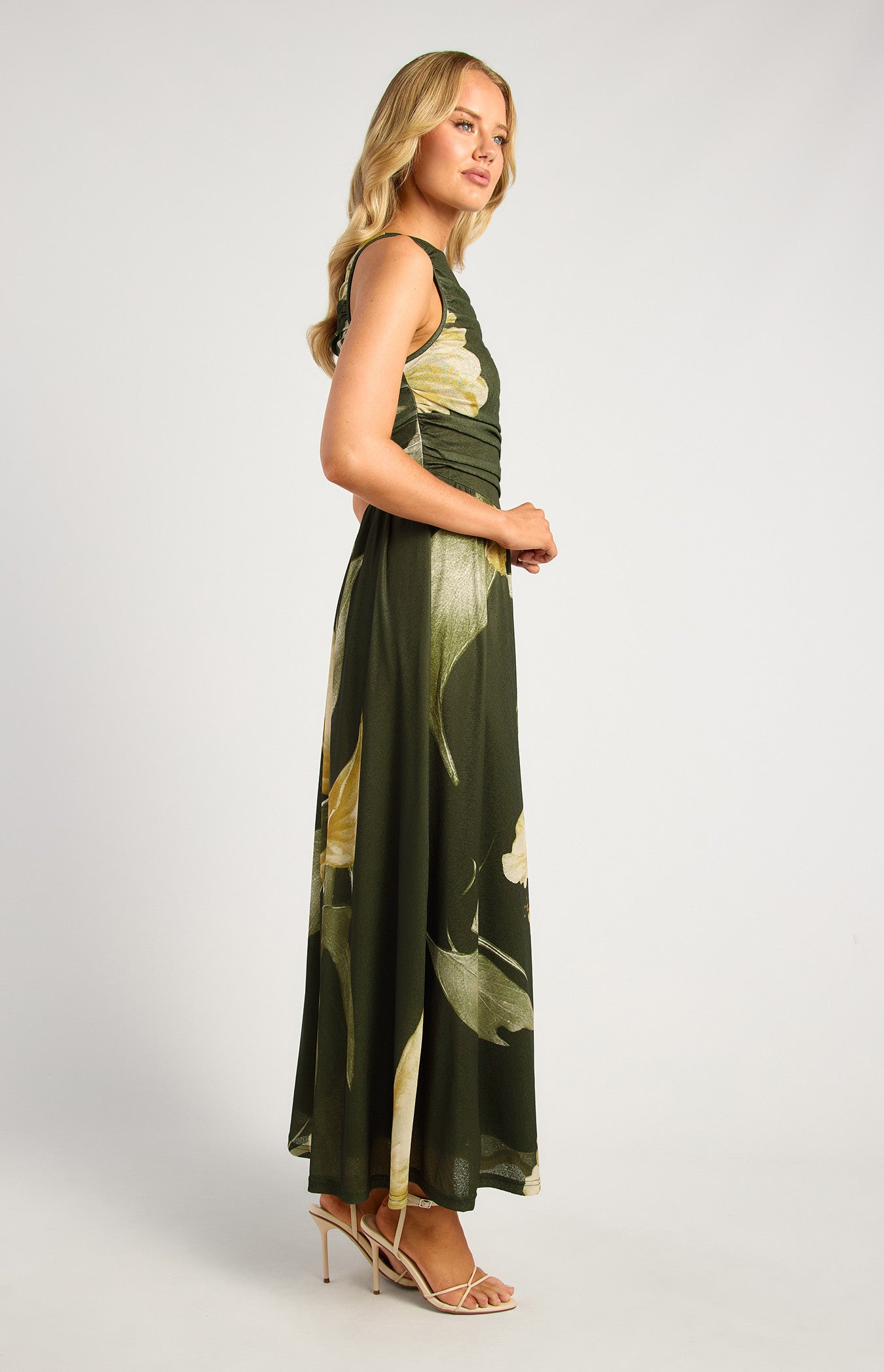 Melody Ruched Bodice Floral Print Jersey Maxi Dress - Green