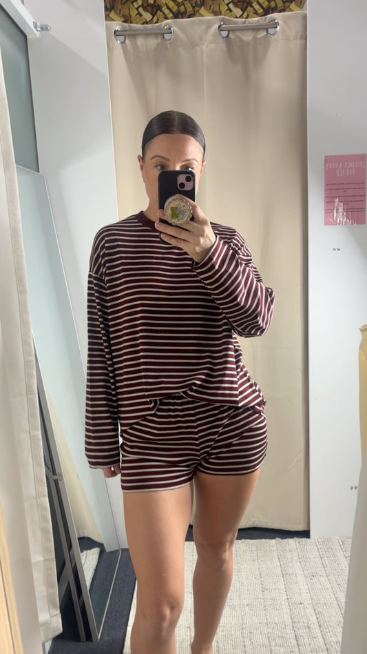 Tessa Long Sleeve Oversized Shirt & Shorts Set - Maroon Stripe