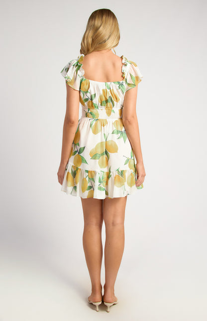 Chiffon Mini Dress With Shirred Waist Detail - Lemon