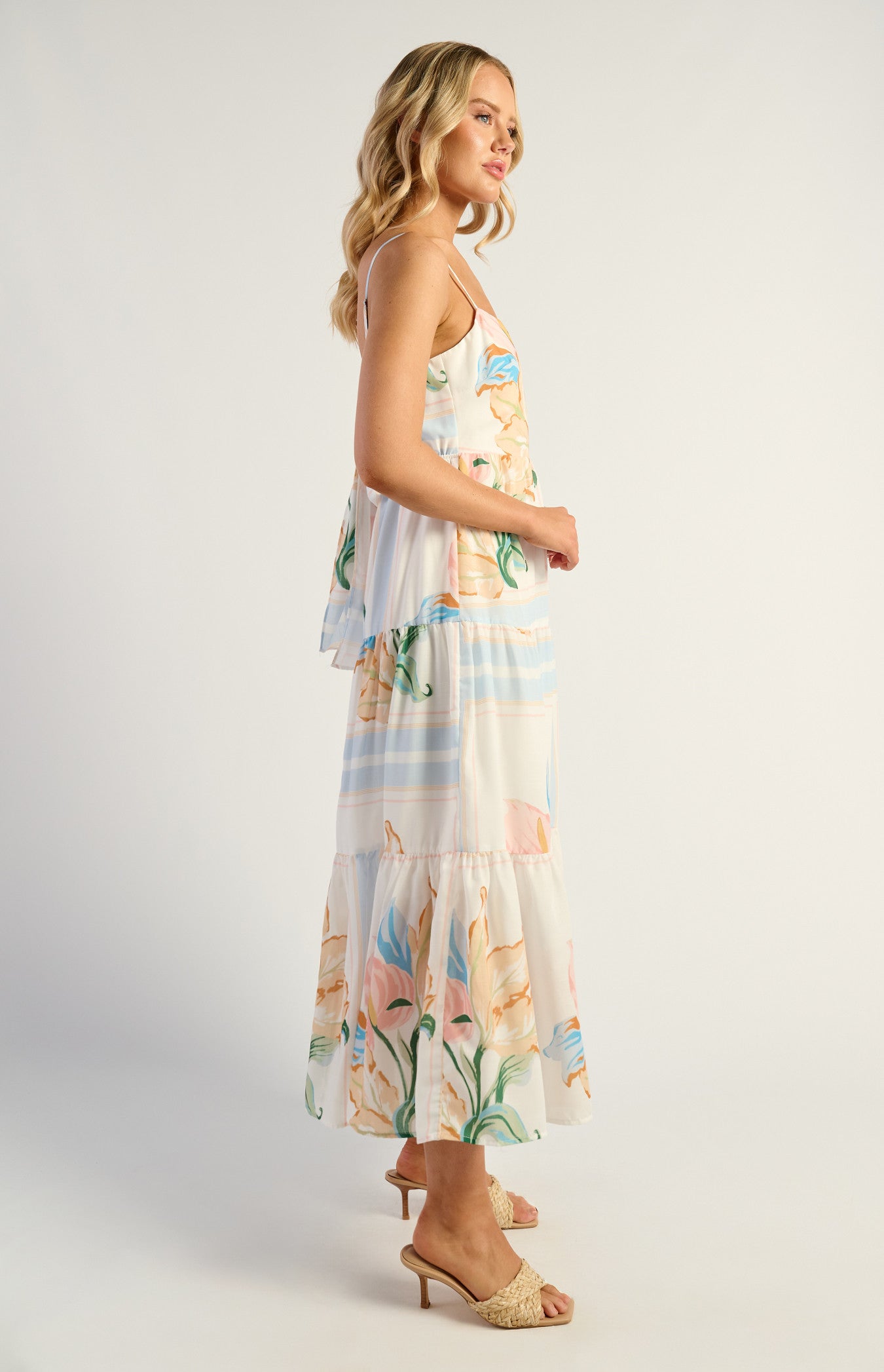 Jayde Floral Tiered Tie Back Detail Midi Dress - Blue