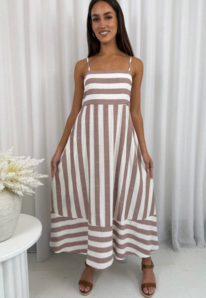 Tia Spaghetti Strap Maxi Dress - Brown Stripe