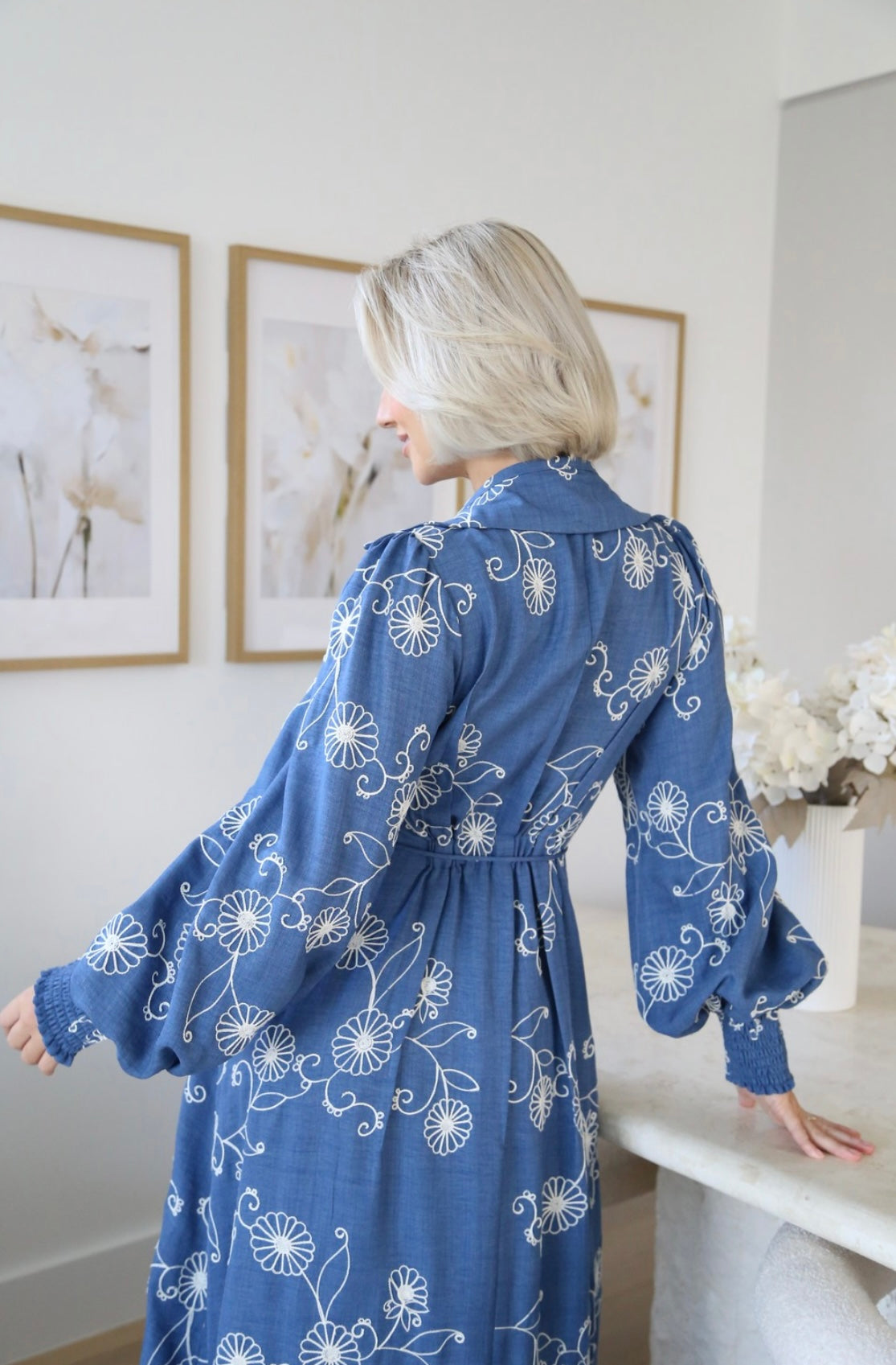 Blair Button Up Maxi Dress - Blue Embroidered