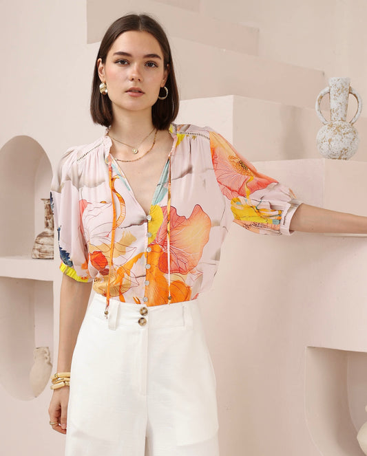 Emma Button Up Short Sleeve Shirt Top - Orange Floral