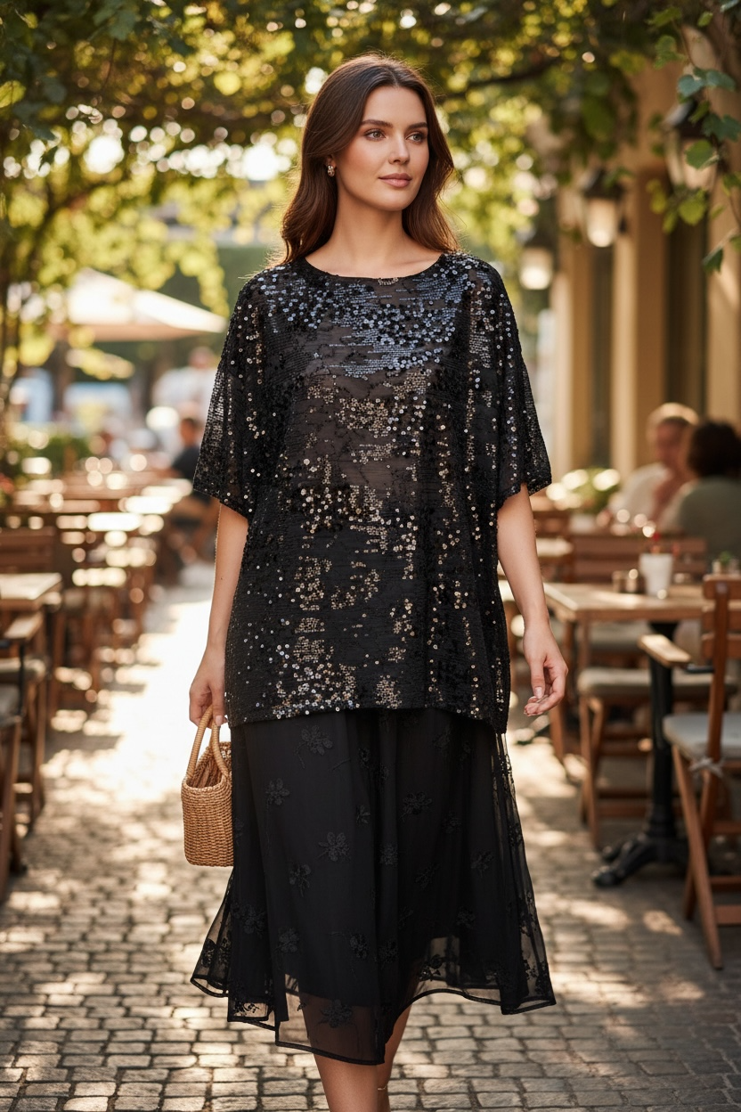 Phoebe Pattern Sequin Top - Black | By Frankie