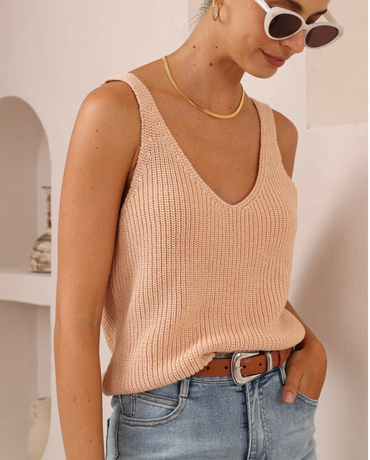 Cami V-Neck Knit Sleeveless Top - Apricot