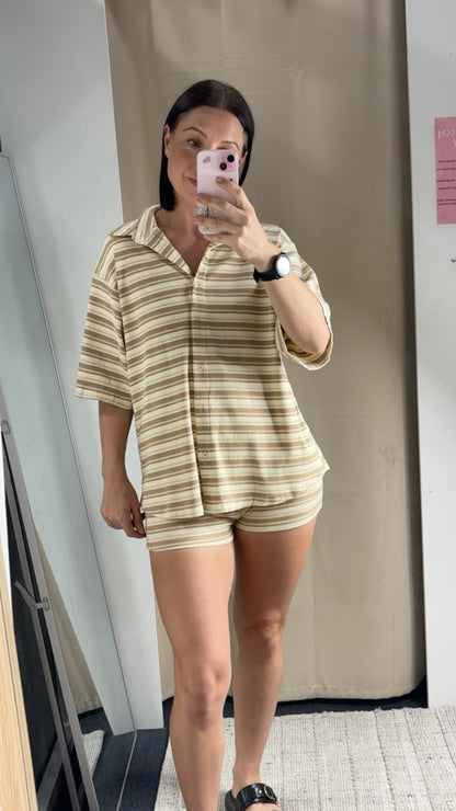 Sara Button Up Top & Matching Shorties - Beige