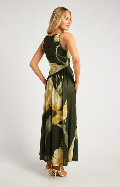 Melody Ruched Bodice Floral Print Jersey Maxi Dress - Green