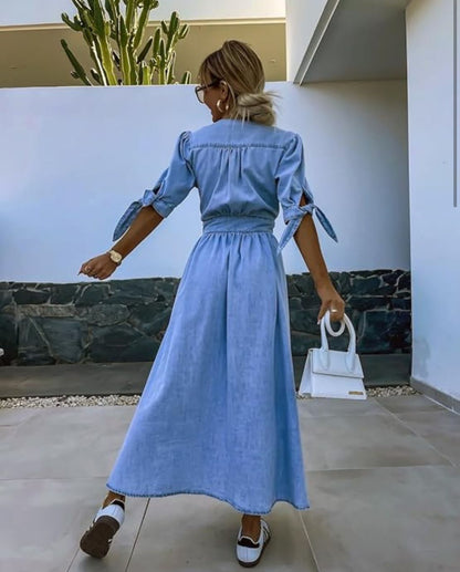 Alley V-Neck Button Front Midi Denim Dress - Blue