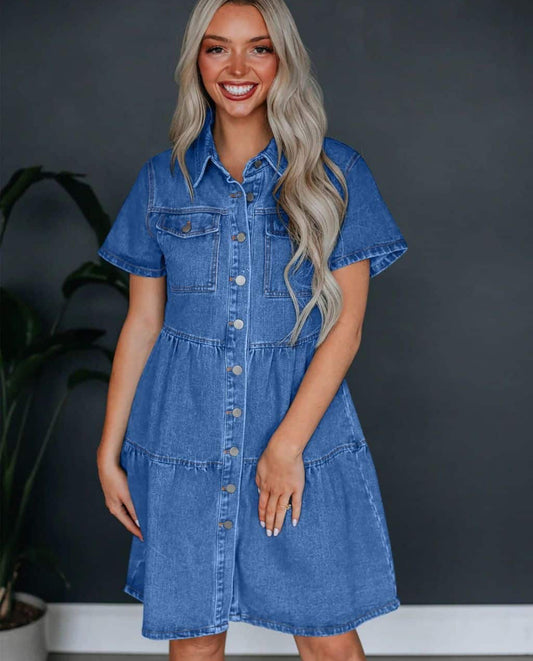 Bailey Puff Sleeves Button Up Denim Mini Dress - Blue