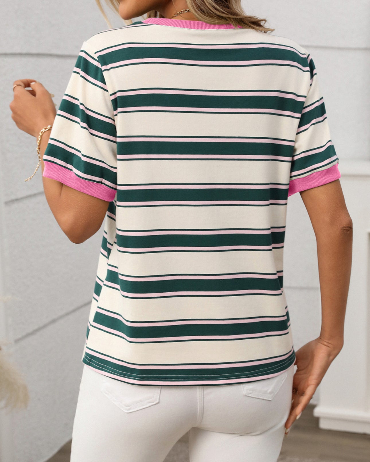 Trish Contrast Trims Stripe Tee Shirt - Green Pink