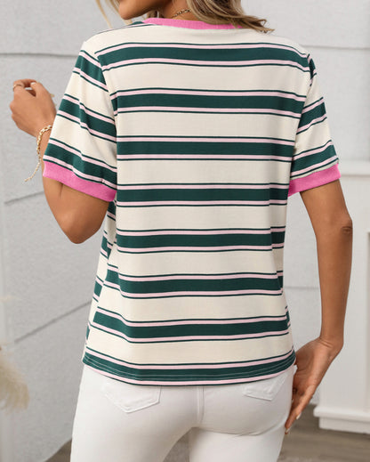 Trish Contrast Trims Stripe Tee Shirt - Green Pink