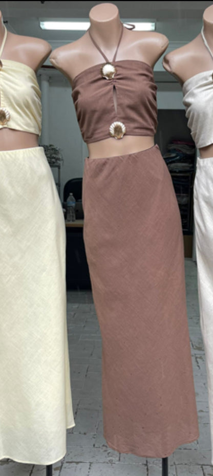 Amy Double Shell Halter Top & Skirt Set - Brown | By Frankie