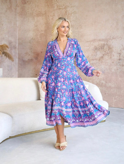 Zoe Button Up Long Sleeve Midi Dress - Blue Pink Floral