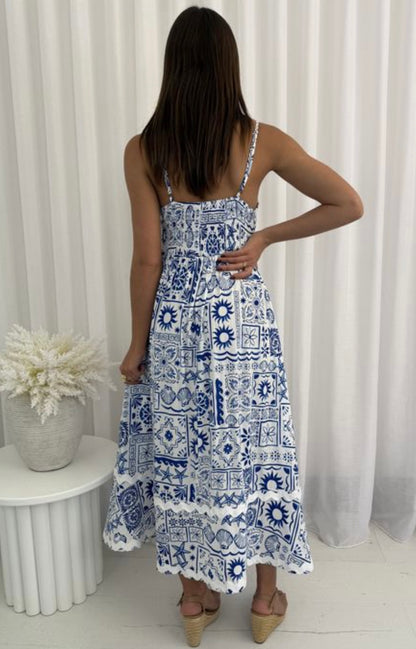 Eden Sleeveless Midi Dress - Blue White