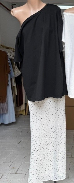 Esme Off Shoulder Tee T-Shirt & Spot Sheer Skirt Set - Black White | By Frankie