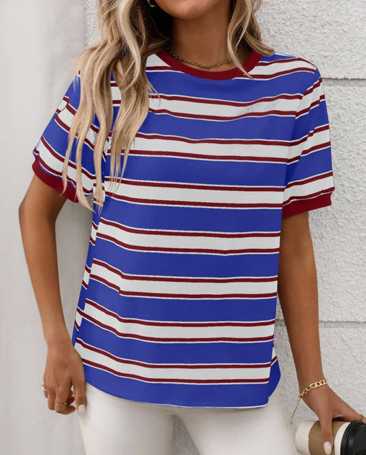 Trish Contrast Trims Stripe Tee Shirt - Blue Maroon
