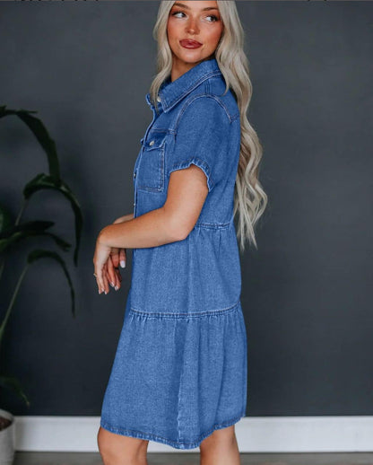 Bailey Puff Sleeves Button Up Denim Mini Dress - Blue