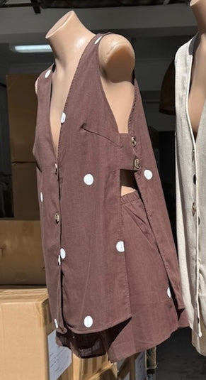 Milly Polka Dot Button Up Open Vest Shirt & Shorts Set - Chocolate Brown | By Frankie