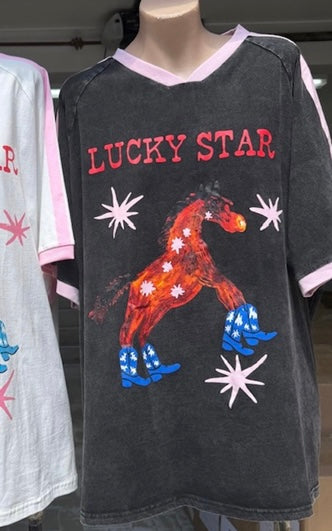 Jersey Oversized Tee T-Shirt - Black Acid Wash Lucky Star | By Frankie