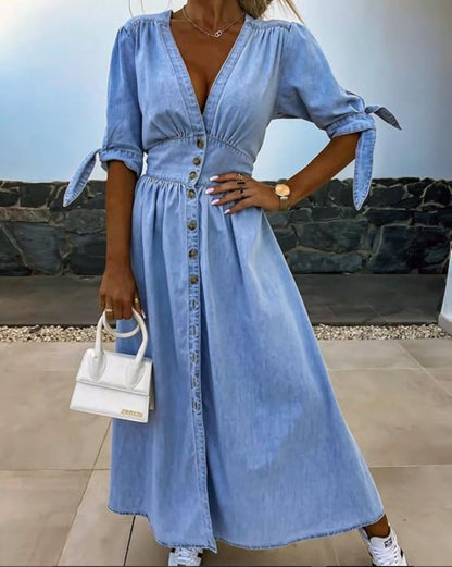 Alley V-Neck Button Front Midi Denim Dress - Blue