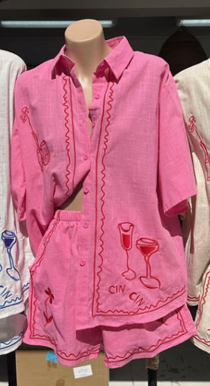 Taya By Frankie Matching Shirt & Shorts Set - Cin Cin Pink Red